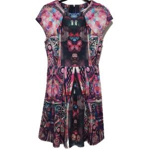 Vibrant Kaleidoscope Mirror Print Skater Dress With Box Pleats Mini Womens Small